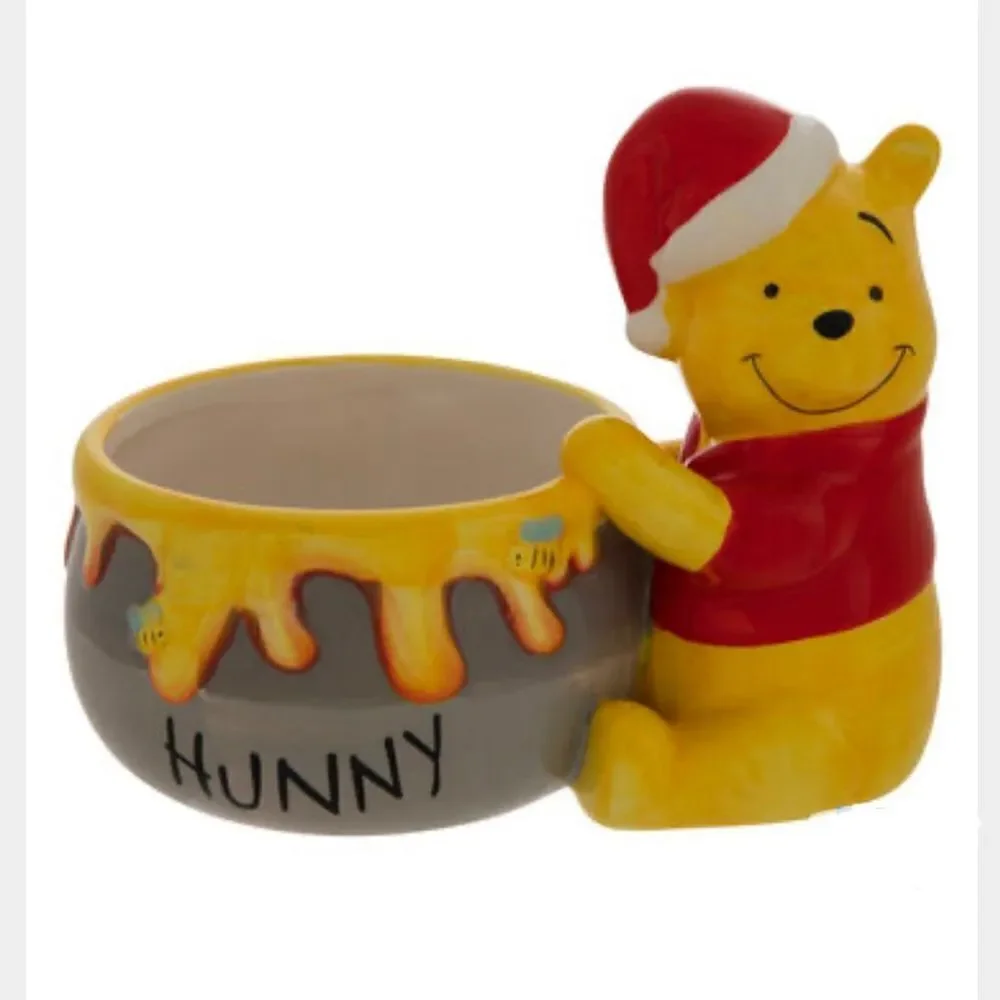 NWT Disney Winnie The Pooh with Santa Hat Glossy Ceramic Yellow Red Hunny Bowl